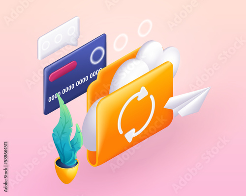 Trending 3D Isometric, cartoon illustration. Digital file organization and data transfer application. Cloud storage icon. Vector icons for website
