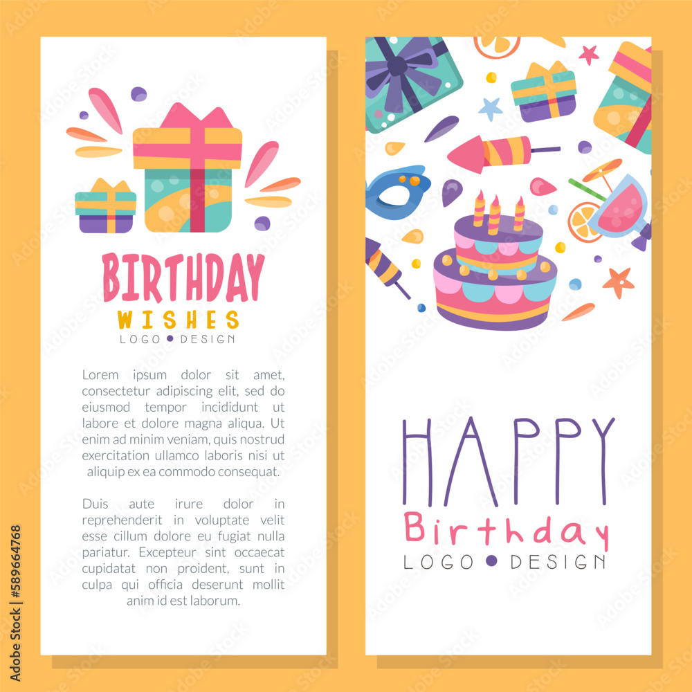 Happy Birthday Square Card with Cake, Gift Box and Firecracker Vector Template