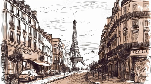 Fototapeta Naklejka Na Ścianę i Meble -  Drawing Sketch Paris Generative AI