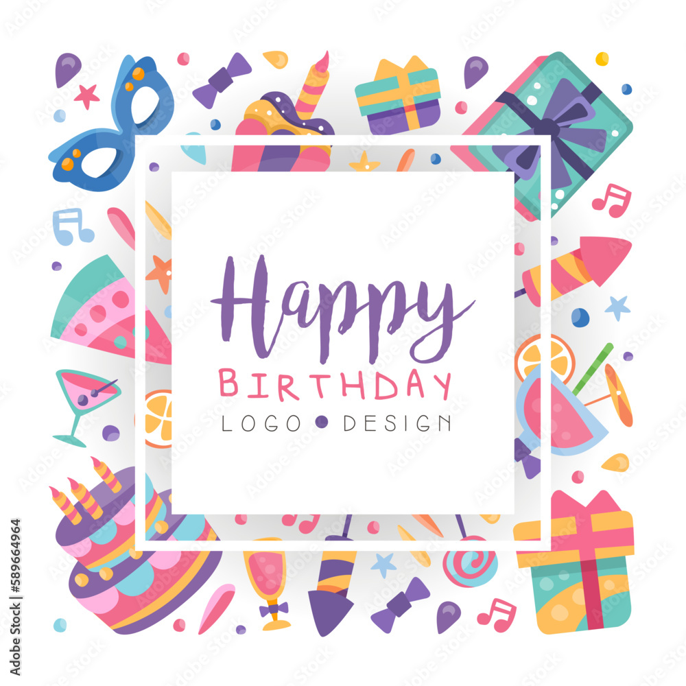 Happy Birthday Square Card with Cake, Gift Box and Carnival Mask Vector Template Happy Birthday Square Card with Cake, Gift Box and Carnival Mask Vector Template