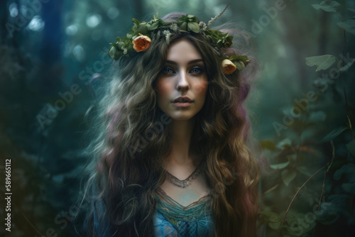 Leinwand Poster Magical Forest Nymph Portrait of a woman with flowing hair and leaves and flower