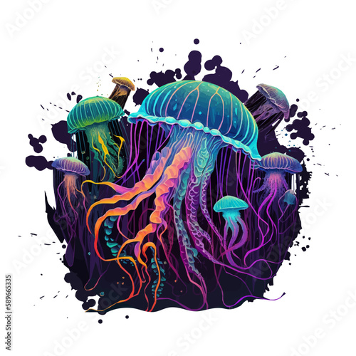 Colorful neon jellyfish on black paint splash background