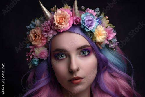 Magical Unicorn Princess with a Crown of Flowers and a Rainbow Mane, generative ai © aicandy