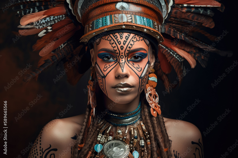 Majestic portrait of a fierce woman with a bold makeup and elaborate headdress, inspired by traditional tribal art and painted in earthy tones, generative ai