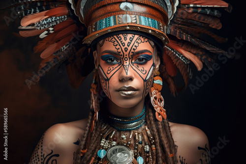 Majestic portrait of a fierce woman with a bold makeup and elaborate headdress, inspired by traditional tribal art and painted in earthy tones, generative ai