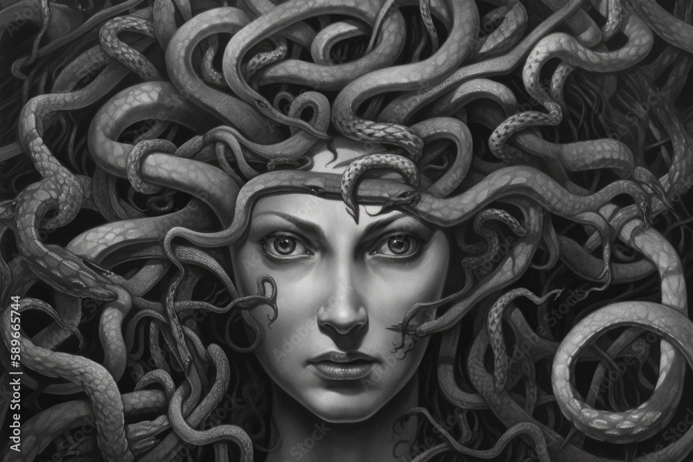 Medusa's Gaze haunting portrait of a woman in the style of ancient