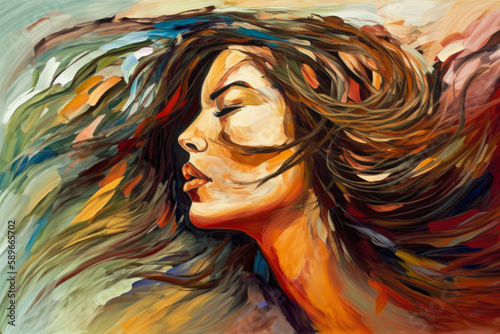 Melancholic Woman with Flowing Hair in Expressionist Style, generative ai