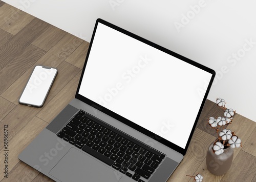 Modern Laptop Mockup Front View and Smartphone Mockup High Quality, notebook mockup and phone device mockup for ui ux app and website presentation.