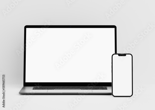 Fotografía Modern Laptop Mockup Front View and Smartphone Mockup High Quality, notebook mockup and phone device mockup for ui ux app and website presentation