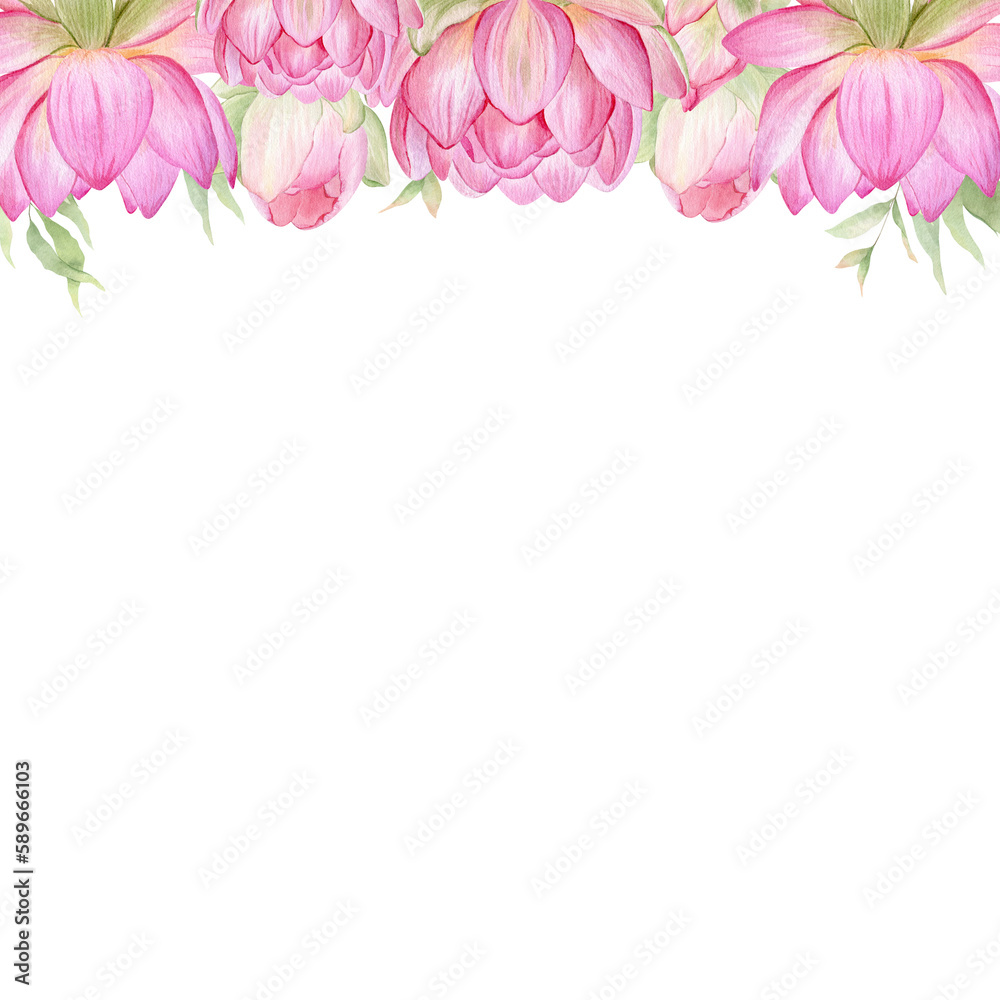 Pink flowers lotus. Watercolor illustration. A frame of lotus flowers. Wreath of chinese water lily. Design for invitations, save the date, cards other items.