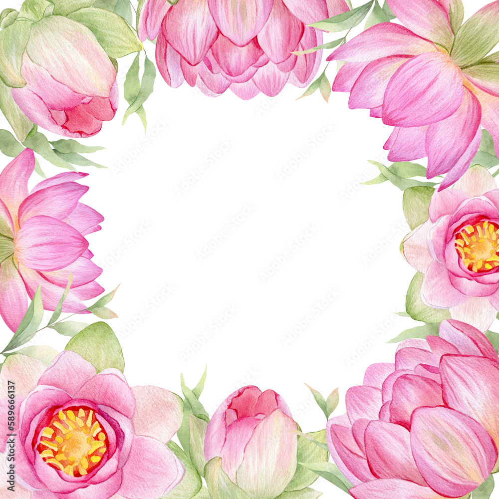 Pink flowers lotus. Watercolor illustration. A frame of lotus flowers. Wreath of chinese water lily. Design for invitations, save the date, cards other items.