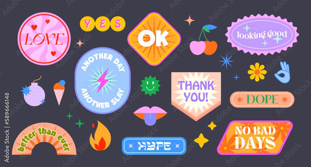 Vector set of cute funny patches and stickers in 90s style.Modern icons or symbols in y2k aesthetic with text.Trendy pop art designs for banners,social media marketing,branding,packaging,covers