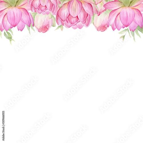 Pink flowers lotus. Watercolor illustration. A frame of lotus flowers. Wreath of chinese water lily. Design for invitations, save the date, cards other items.