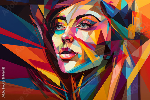 Modern portrait of a woman in geometric abstraction, with vibrant colors and dynamic shapes, generative ai