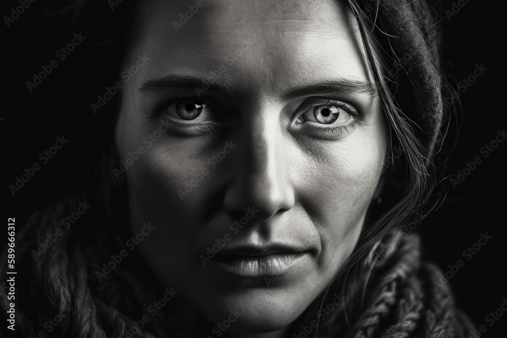 Moody portrait of a woman with strong and expressive features in monochromatic style, generative ai Moody portrait of a woman with strong and expressive features in monochromatic style, generative ai