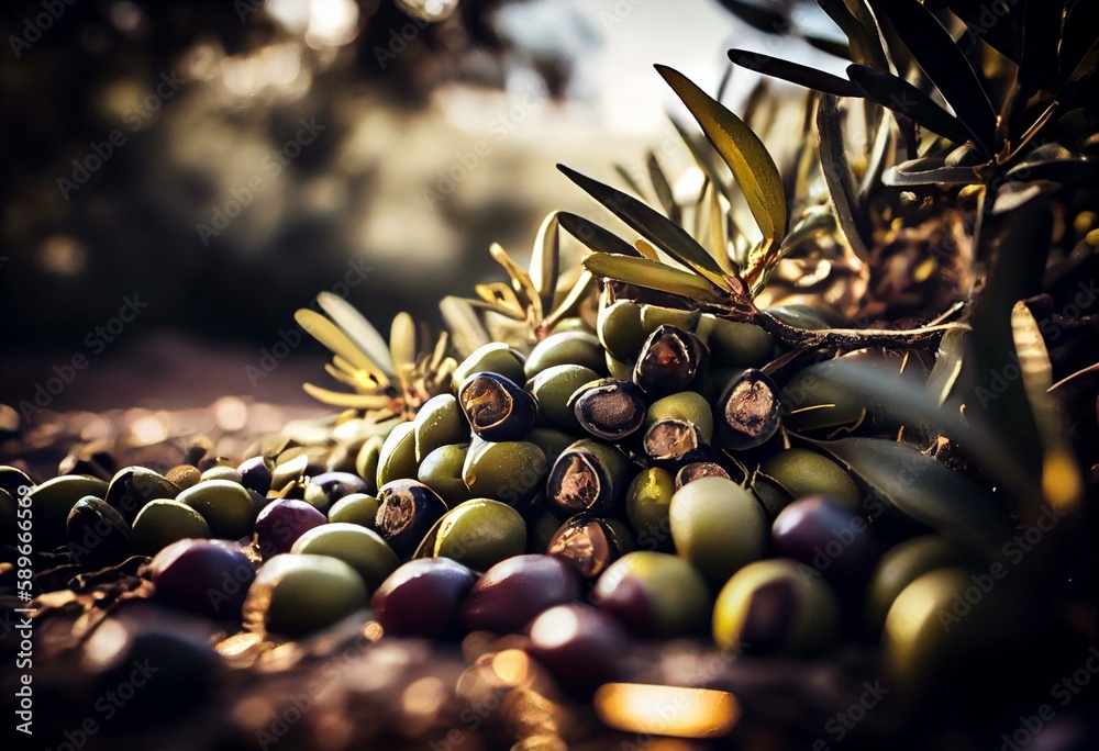 Process of harvesting collecting olives, pile bunch of fresh harvested