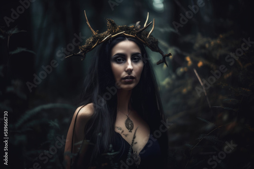 Mysterious Portrait of a Dark Goddess in a Moonlit Forest, generative ai