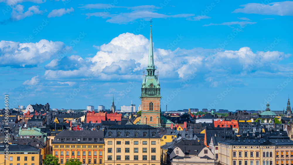 Stockholm skyline with the tower of St. Gertrude Church, also known as the German Church, in the Old Town, Stockholm, Sweden