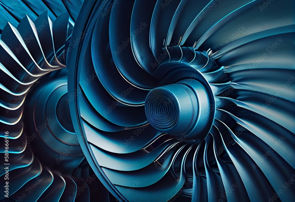 Blue abstract industrial background. 3d rendering of gas turbine rotor ...