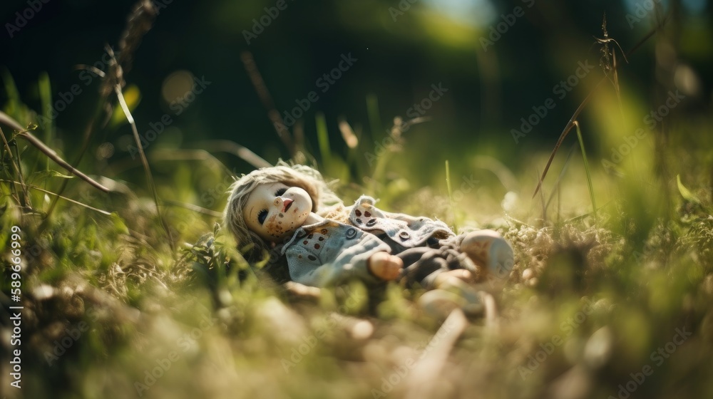 A sad doll left alone in the grass on a summer day. Generative AI. A sad doll left alone in the grass on a summer day. Generative AI.