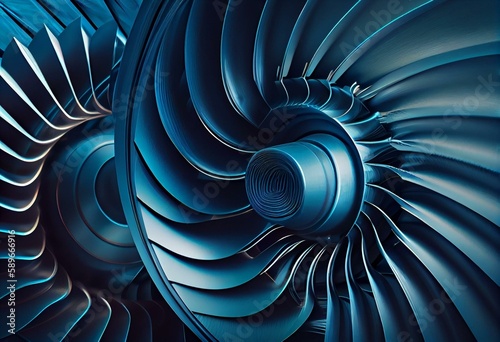 Blue abstract industrial background. 3d rendering of gas turbine rotor blades. Generative AI