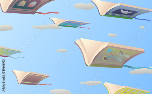 Books in the sky. Surreal vector illustration. concept idea art of education, imagination and dream. Conceptual artwork.