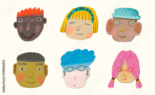 face of boy, girl, man and woman watercolor character design, kid illustration. child vector 