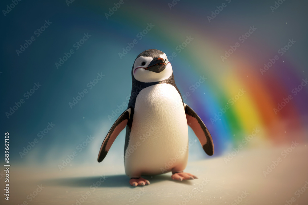 Fototapeta premium penguin set against a whimsical rainbow background with ample copyspace (created with Generative AI)