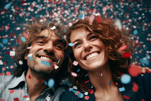 excited happy mixed couple in red white and blue confetti rain celebrating - Generative AI