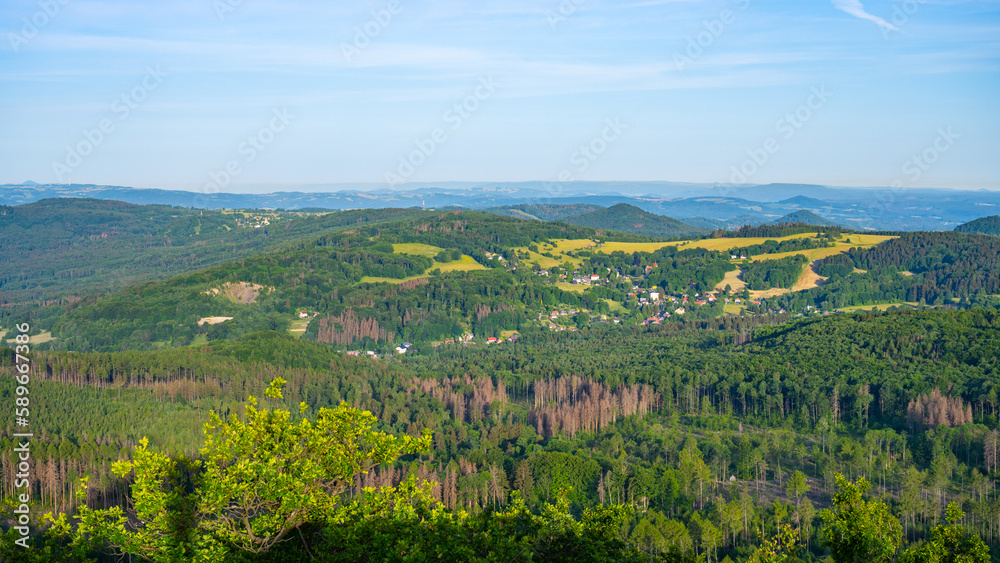 View of the summer landscape of the Lusatian Mountains from the viewpoint on the Klic Mountain. Czech Republic