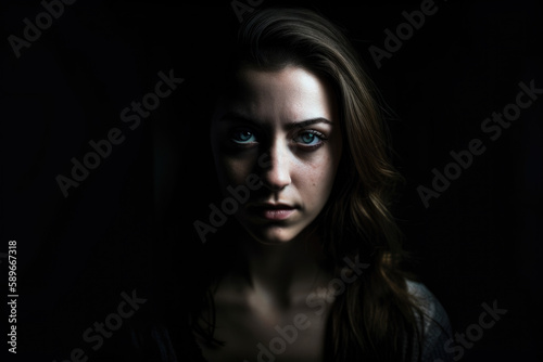 Mysterious woman with piercing eyes in a dark room with dramatic lighting, generative ai