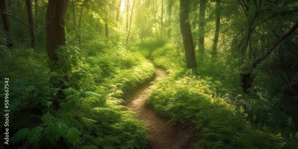 Winding path in a green sunlit forest. Generative AI illustration