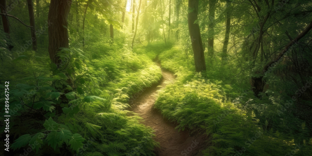 Fototapeta premium Winding path in a green sunlit forest. Generative AI illustration
