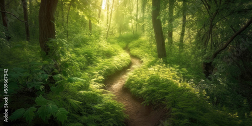 Winding path in a green sunlit forest. Generative AI illustration © ChaoticDesignStudio