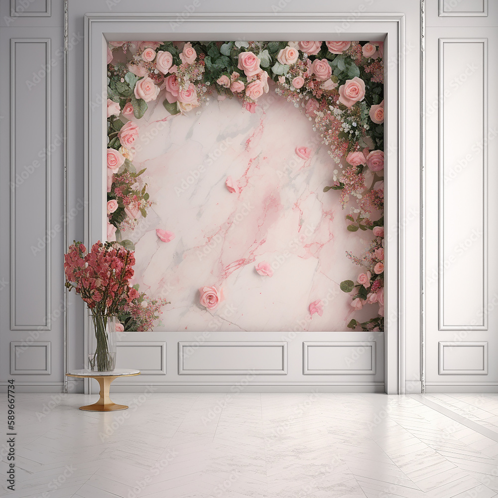 stanza romantica, con fiori, e tonalità rosa, mock up romanstico, 3d render, ideale per sovrapposizione fotografica, colori pastello,  - obrazy, fototapety, plakaty 
