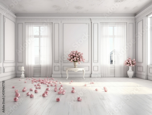 stanza romantica, con fiori, e tonalità rosa, mock up romanstico, 3d render, ideale per sovrapposizione fotografica, colori pastello,  photo