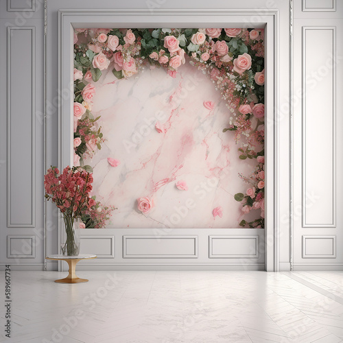 stanza romantica, con fiori, e tonalità rosa, mock up romanstico, 3d render, ideale per sovrapposizione fotografica, colori pastello,  photo