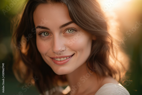 Natural beauty of a woman with a gentle smile and soft lighting in a peaceful setting, generative ai
