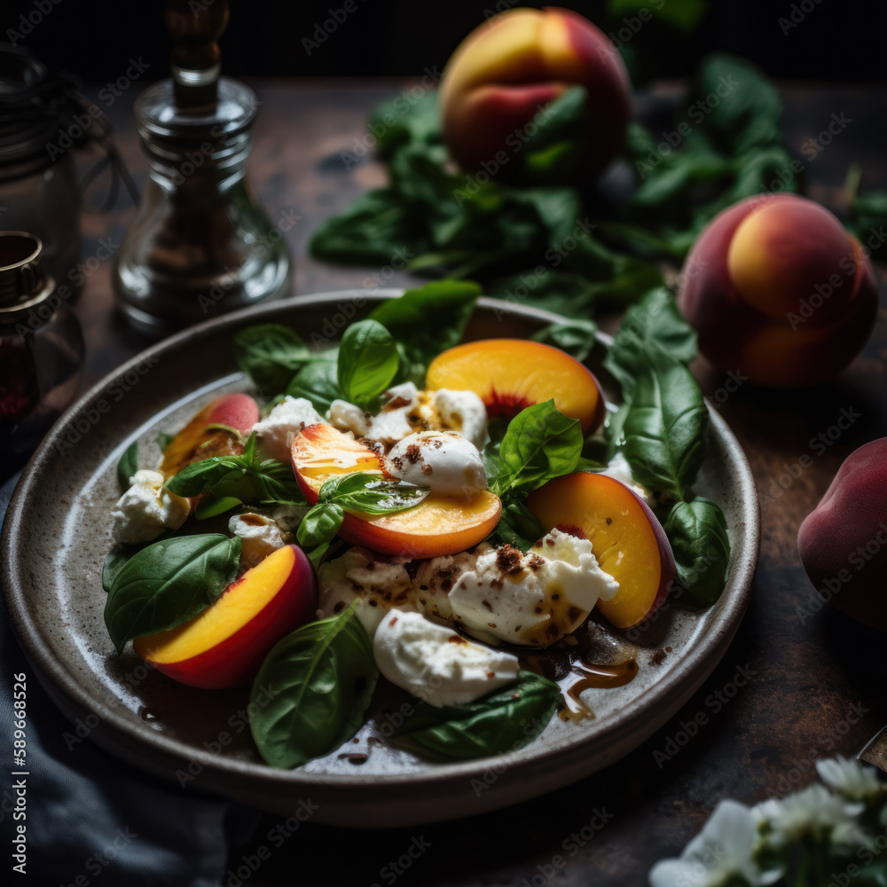 Grilled Peaches and Burrata Salad Served on a Plate-Generative AI