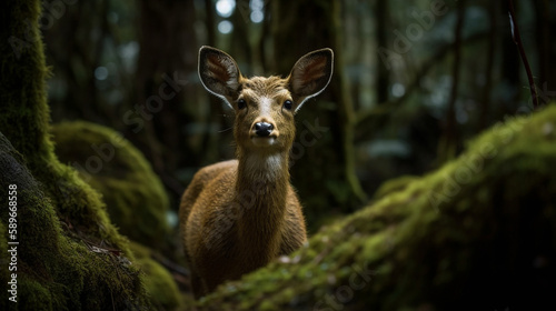 A cute little deer in a mossy forest