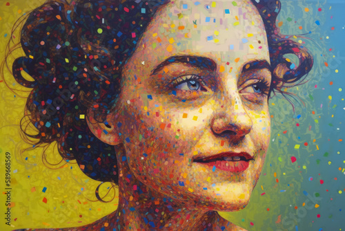 Playful portrait of a woman in pointillism art style, with bright colors and a mischievous expression, generative ai