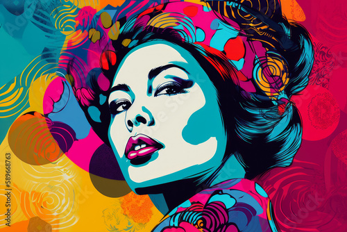 Pop Art Portrait of a Glamorous Woman with Bold Colors and Dynamic Patterns  generative ai