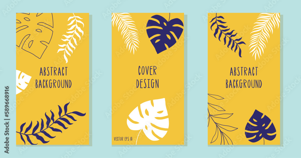 Set of botanical art lines on yellow backgrounds for cover design