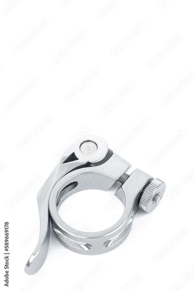 Close up of bike seat post clamp isolated on white background. Cycling equipment. Close up of bike seat post clamp isolated on white background. Cycling equipment.