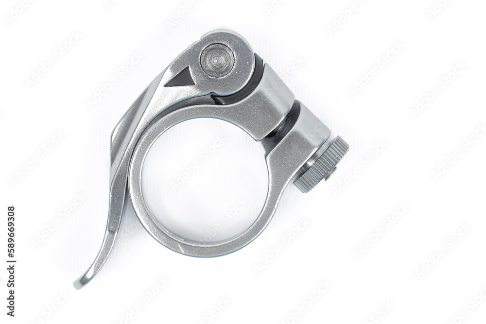 Close up of bike seat post clamp isolated on white background. Cycling equipment. Close up of bike seat post clamp isolated on white background. Cycling equipment.
