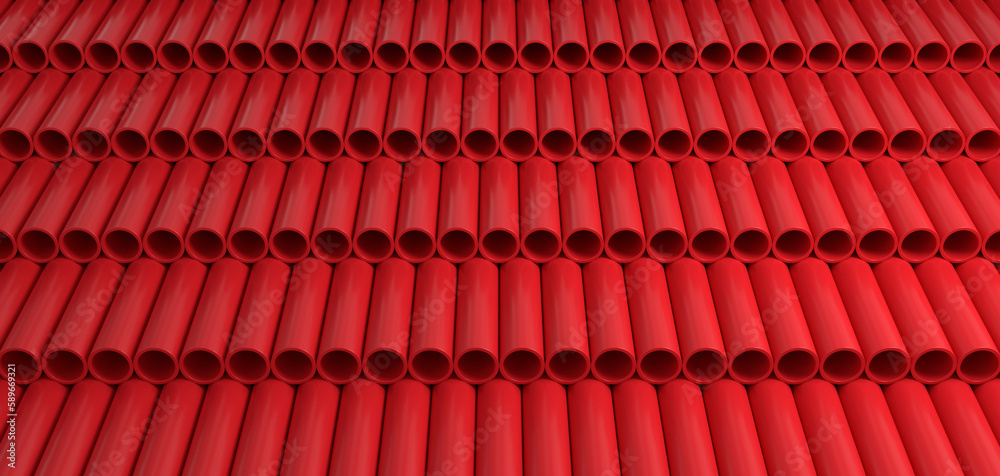 Stack of red pvc pipes. Industrial storage background. 3D rendered image.