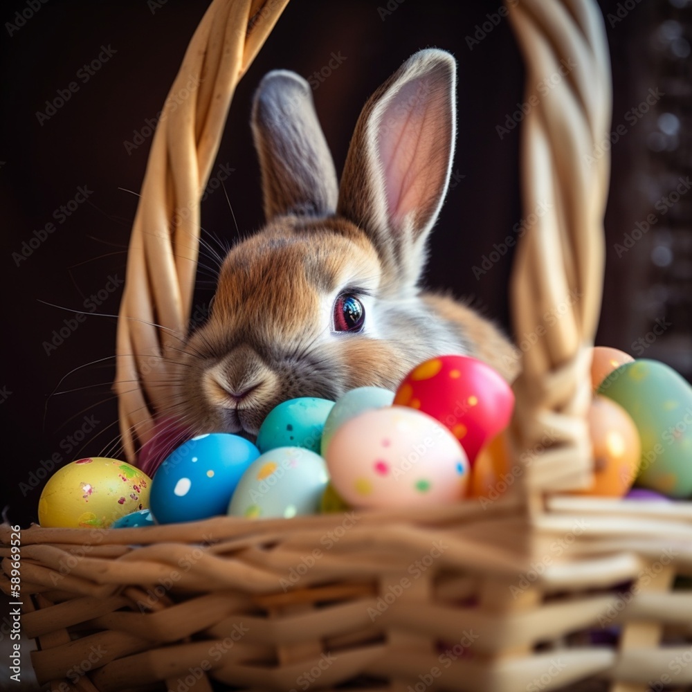 This charming photo of an Easter bunny surrounded by eggs is perfect for use on websites, blogs, or social media content celebrating the beauty and joy of the Easter season. This charming photo of an Easter bunny surrounded by eggs is perfect for use on websites, blogs, or social media content celebrating the beauty and joy of the Easter season.