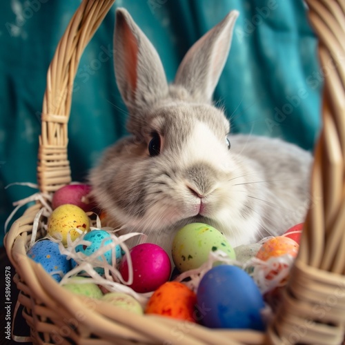 A charming Easter bunny poses alongside a basket of colorful eggs in this festive and joyful photo  ideal for websites  blogs  or social media posts related to the Easter holiday.