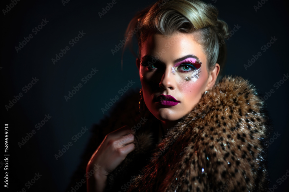 Portrait of a confident woman in a Studio 54-inspired fashion shoot with dramatic makeup and a fur coat, generative ai Portrait of a confident woman in a Studio 54-inspired fashion shoot with dramatic makeup and a fur coat, generative ai