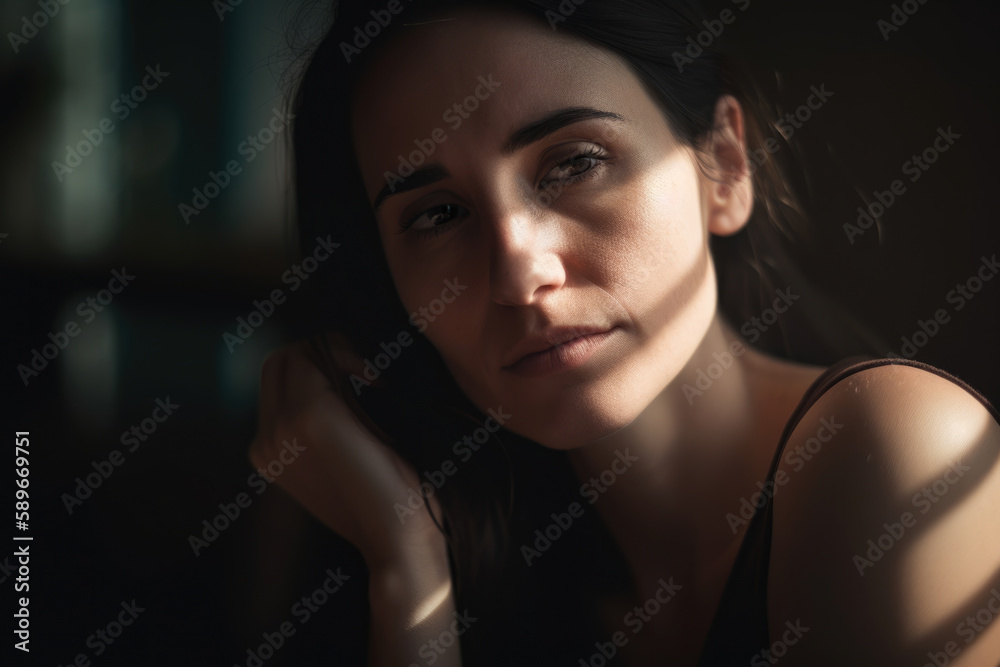 portrait of a contemplative woman with soft lighting and subtle details, captured in a cinematic style with shallow depth of field, generative ai